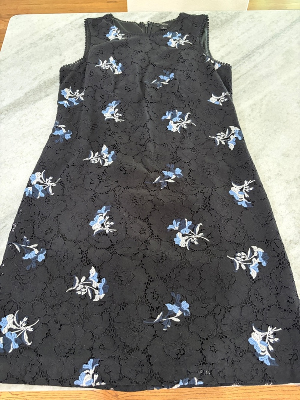Ann Taylor Black Lace Mini Dress with Blue and White Floral Embroidery